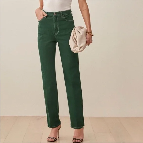 Reformation Cowboy High Rise Straight Jeans Emerald Green Size 26 (meas 28) - Picture 15 of 15